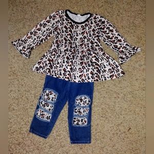 Cute Girls 2 Piece Leopard Long Sleeve Round Neck Top Jeans Outfit  Sz4/5T